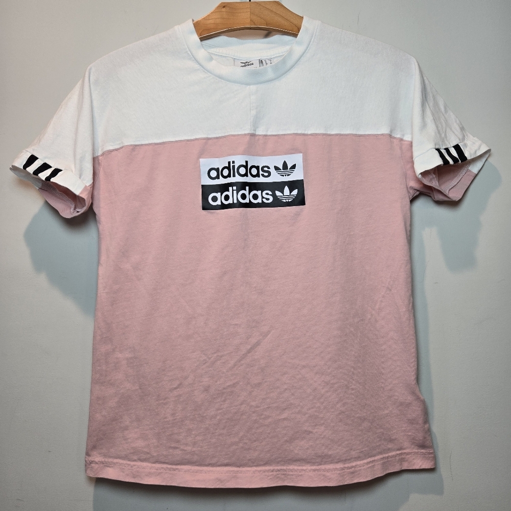 Adidas Shirt Small Trefoil 90s Logo Fitted Short Sleeve  Powder Pink White